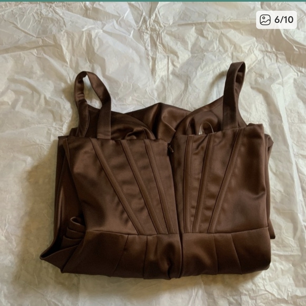 HOUSE OF CB 'Faye' Chocolate Satin Pleated Midi Dress - Picture 5 of 7